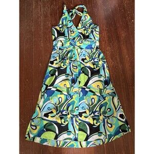 Boston Proper Halter Dress Floral Retro 60s Style Print Blue Green Yellow 16